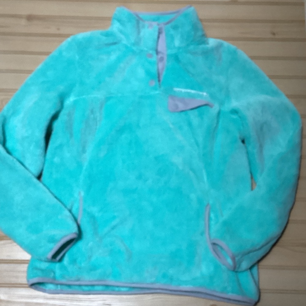 Free Country Aqua Green Gray Trim Snap Neck Cozy Soft Pullover Fleece Jacket Top